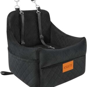ksucte dog booster car seat for small dogs up to 30 lbs – elevated pet travel seat, safety belt, storage, blanket & tether, for front & back seats, detachable & washable (black, 47cm)