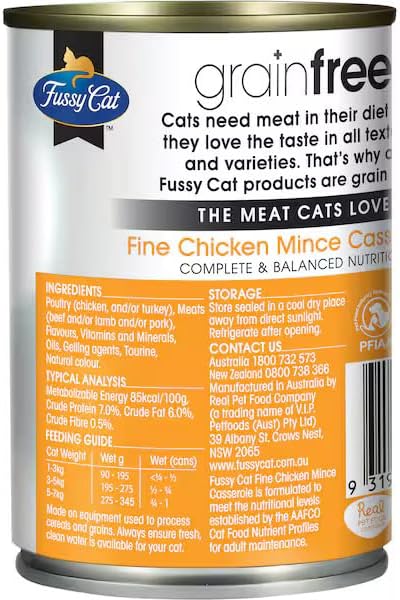 fussy cat grain free wet cat food, chicken mince casserole 12x400g real premium australian meat, complete, balanced nutrition for adult cats, free from artificial flavours fussy cat grain free wet cat food, chicken mince casserole 12x400g real premium australian meat, complete, balanced nutrition for adult cats, free from artificial flavours