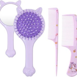 bmeigo 3pcs girls hair brush and comb set hair detangling brush with mirror wide tooth hair styling combs detangler baby comb set for kids curly straight long hair, purple cute cat