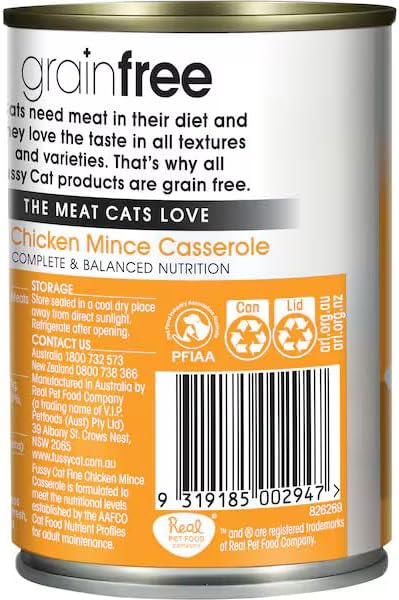 fussy cat grain free wet cat food, chicken mince casserole 12x400g real premium australian meat, complete, balanced nutrition for adult cats, free from artificial flavours fussy cat grain free wet cat food, chicken mince casserole 12x400g real premium australian meat, complete, balanced nutrition for adult cats, free from artificial flavours