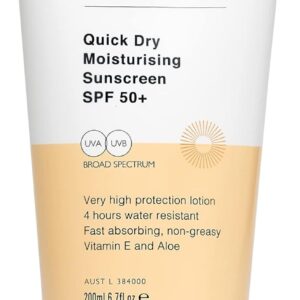 natio australia quick dry moisturising sunscreen spf 50+ 200ml 200ml hydrating daily sun protection uva/uvb broad spectrum sunscreen 4 hours water resistant, fast absorbing, non greasy vitamin e & aloe vera made in australia