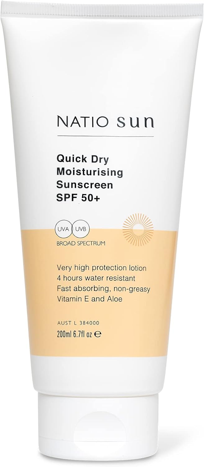 natio australia quick dry moisturising sunscreen spf 50+ 200ml 200ml hydrating daily sun protection uva/uvb broad spectrum sunscreen 4 hours water resistant, fast absorbing, non greasy vitamin e & aloe vera made in australia natio australia quick dry moisturising sunscreen spf 50+ 200ml 200ml hydrating daily sun protection uva/uvb broad spectrum sunscreen 4 hours water resistant, fast absorbing, non greasy vitamin e & aloe vera made in australia
