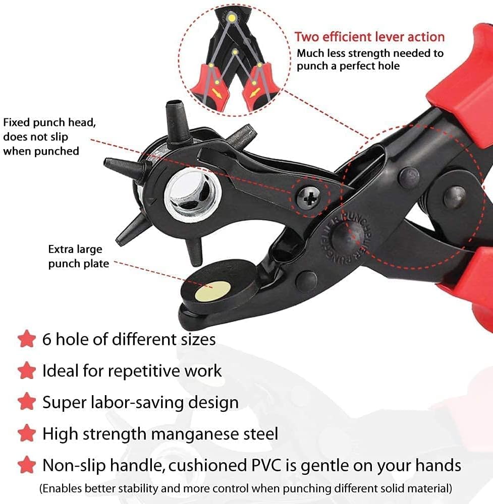 leather hole punch tool set super heavy duty rotary puncher multi hole sizes maker tool, for belts,watch bands, traps,dog collars,saddles,shoes,fabric,diy home or craft projects (black&red) leather hole punch tool set super heavy duty rotary puncher multi hole sizes maker tool, for belts,watch bands, traps,dog collars,saddles,shoes,fabric,diy home or craft projects (black&red)