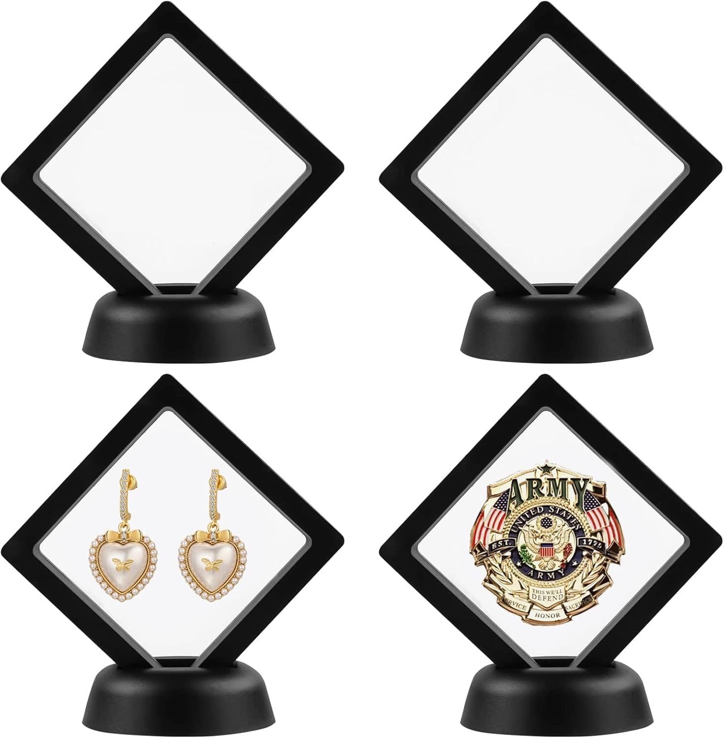 4pcs 3d floating frame with stand, challenge coin display holder, small shadow box for earrings, rings, brooch, military medal, black, 2.75x2.75 inches 4pcs 3d floating frame with stand, challenge coin display holder, small shadow box for earrings, rings, brooch, military medal, black, 2.75x2.75 inches
