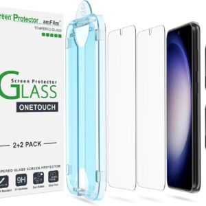 amfilm 2 pack onetouch tempered glass screen protector for samsung galaxy s23 5g 6.1 inch, 9h hardness with 2 pack tempered glass camera lens protector, easiest to installation and bubble free