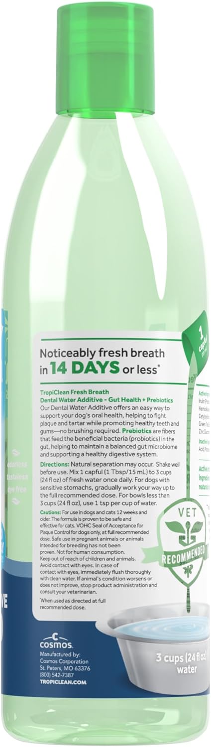 tropiclean fresh breath no brushing teeth cleaning dental health water additive solution plus digestive support for dogs 473ml tropiclean fresh breath no brushing teeth cleaning dental health water additive solution plus digestive support for dogs 473ml
