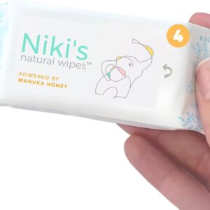 niki's natural pocket baby wipes | organic baby wipes sensitive | made with manuka honey and coconut oil, unscented | ewg verified | 32 wipes (4 pack x 8 count wipes)