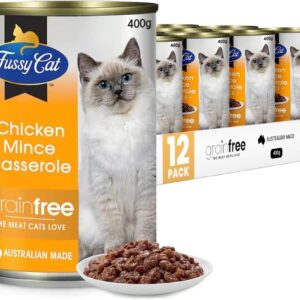 fussy cat grain free wet cat food, chicken mince casserole 12x400g real premium australian meat, complete, balanced nutrition for adult cats, free from artificial flavours