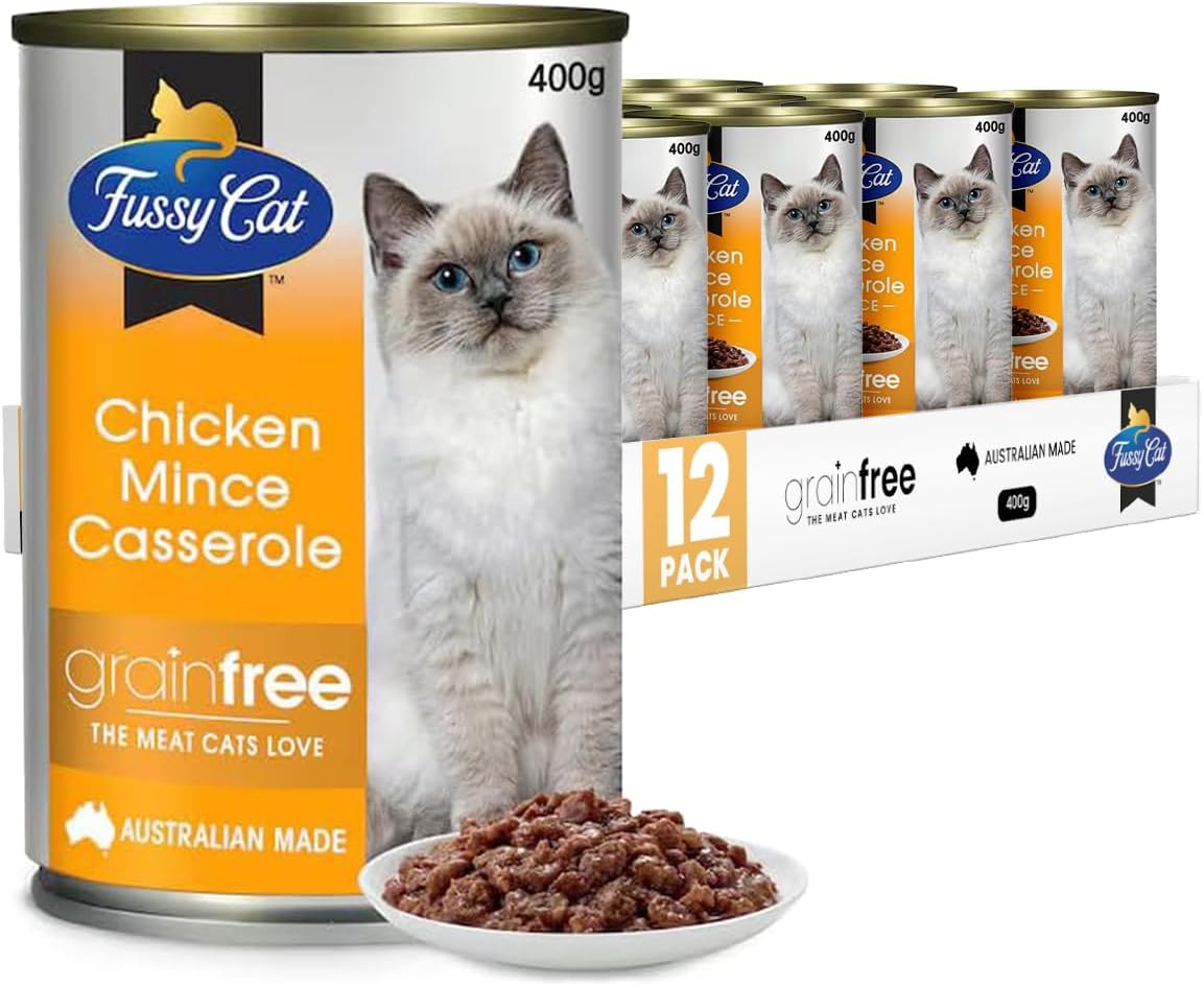 fussy cat grain free wet cat food, chicken mince casserole 12x400g real premium australian meat, complete, balanced nutrition for adult cats, free from artificial flavours fussy cat grain free wet cat food, chicken mince casserole 12x400g real premium australian meat, complete, balanced nutrition for adult cats, free from artificial flavours