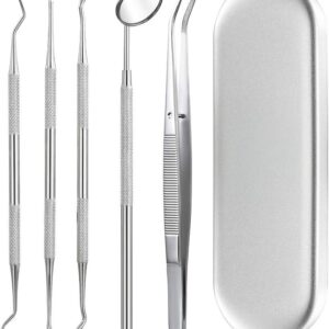 unikstone dental tools, 5 pcs professional teeth cleaning tools stainless steel stainless steel dental scaler, mouth mirror, tarter scraper, tooth pick, tweezers, for personal & pet oral care use