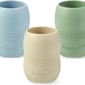 pandaear 3 pack 100% tiny silicone drinking training cup for baby and toddler, tiny open cups for infants (blue/green/tan)