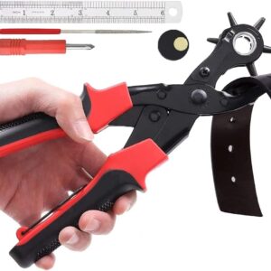 leather hole punch tool set super heavy duty rotary puncher multi hole sizes maker tool, for belts,watch bands, traps,dog collars,saddles,shoes,fabric,diy home or craft projects (black&red)
