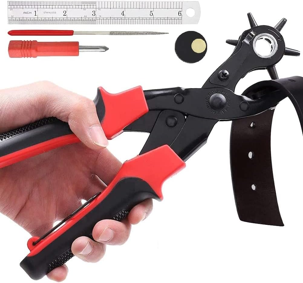 leather hole punch tool set super heavy duty rotary puncher multi hole sizes maker tool, for belts,watch bands, traps,dog collars,saddles,shoes,fabric,diy home or craft projects (black&red) leather hole punch tool set super heavy duty rotary puncher multi hole sizes maker tool, for belts,watch bands, traps,dog collars,saddles,shoes,fabric,diy home or craft projects (black&red)