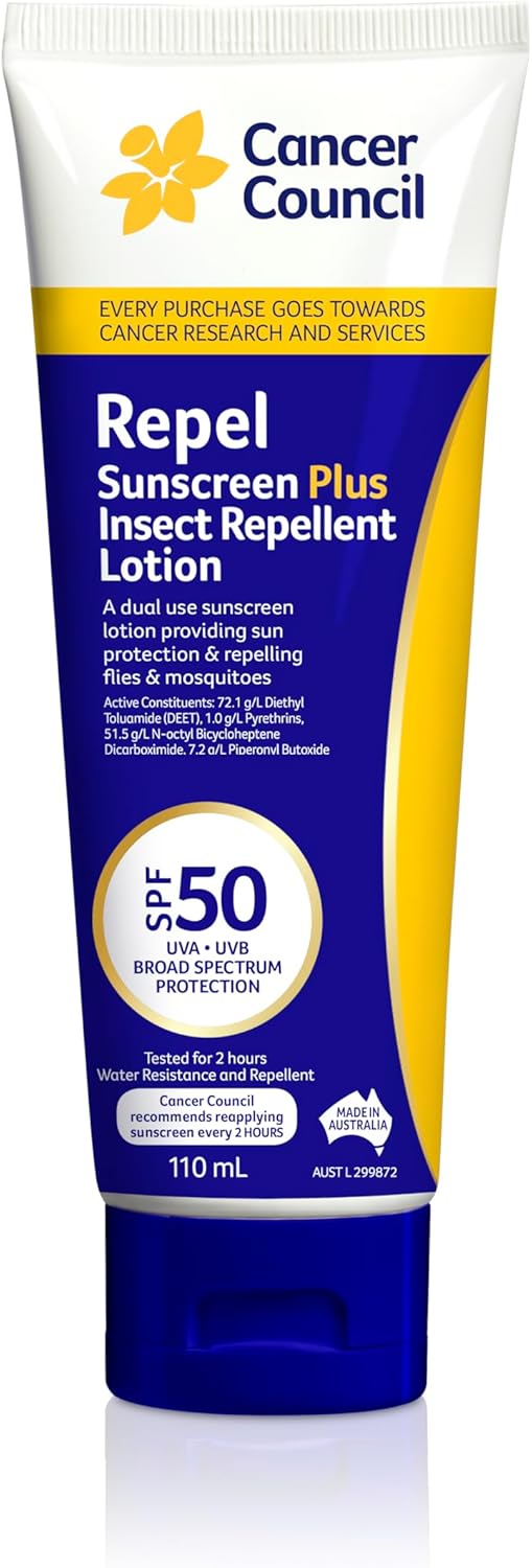 cancer council repel sunscreen spf50+ 110ml daily sunscreen with uva uvb protection water resistant sunburn prevention, insect repellent cancer council repel sunscreen spf50+ 110ml daily sunscreen with uva uvb protection water resistant sunburn prevention, insect repellent