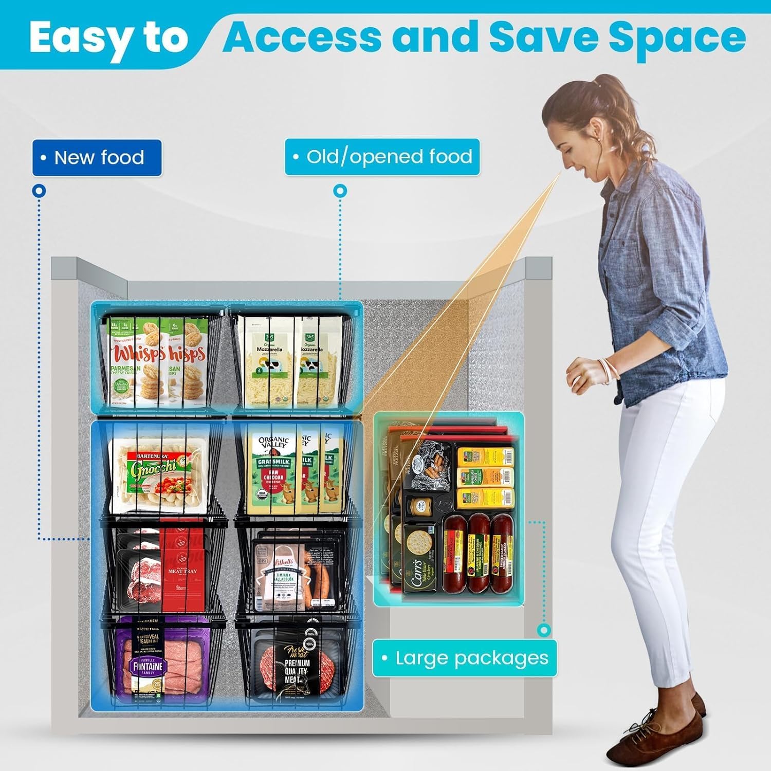 chest freezer organizer,4 pack freezer baskets for chest freezer,stackable metal deep freezer basket,for upright freezers sort frozen meats & food with better space utilization chest freezer organizer,4 pack freezer baskets for chest freezer,stackable metal deep freezer basket,for upright freezers sort frozen meats & food with better space utilization