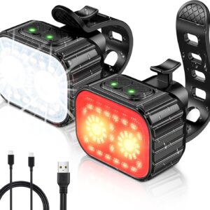 bike lights, rechargeable bicycle lights set super bright 8+12 modes, ipx6 waterproof bike lights for night riding/cycling safety, front and back taillight reflectors, 58 hrs long battery life