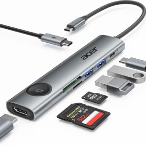 acer usb c hub 7 in 1 with multiport adapter 4k@60hz hdmi,2 usb a 3.1 data port and type c 3.1 dongle,100w power delivery,sd card reader for macbook,ipad, iphone 16/15 pro max,galaxy s25