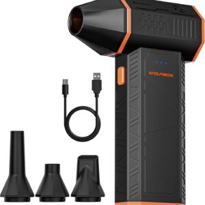 wolfbox mf50 electric air duster 110000rpm super power cordless air duster, 3 gear adjustable mini blower with rechargeable battery, dust blower for computer, keyboard, house, outdoor and car