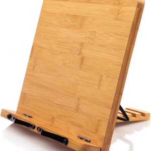 bamboo book stand & holder for reading hands free for large books in bed, cookbook, textbook, law, with 8 adjustable height laptop stand, perfect for kitchen or office (29x38 cm)
