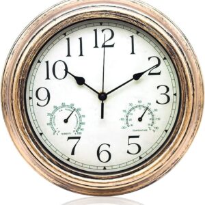 dubom garden clocks outdoor waterproof, retro bronze 12 inch wall clock with thermometer & hygrometer, battery powered, 30cm