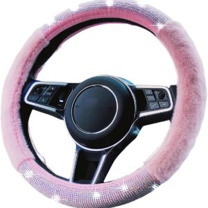pink fluffy steering wheel cover for women, universal 15 inch bling car steering wheel cover , soft luxurious faux wool with non slip rhinestone car accessories for ladies girls