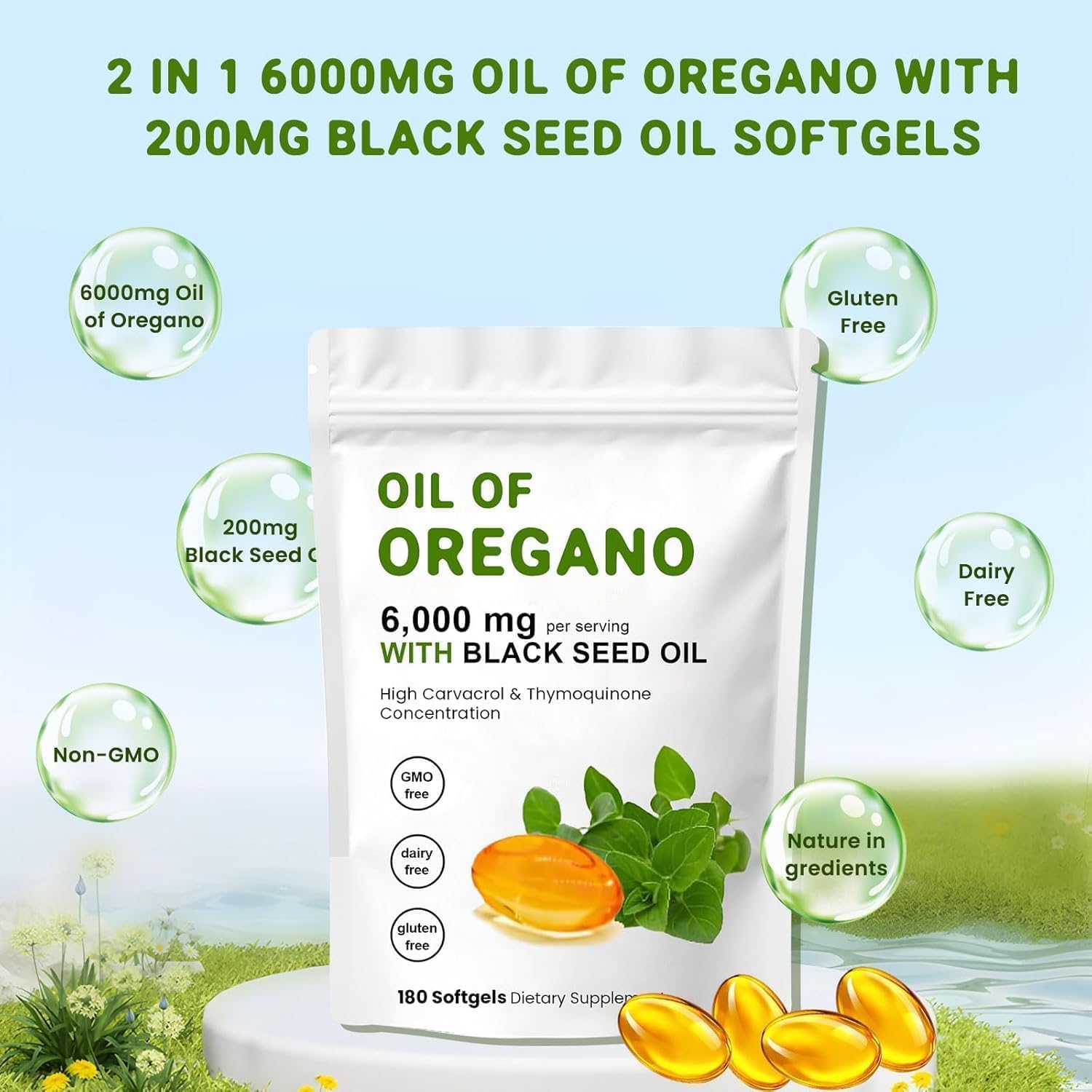 oil of oregano softgels 6000mg per serving, 2 in 1 formulated with black seed oil 200mg, 4x strength carvacrol & thymoquinone | plant based, non gmo & immune support(180 capsule) oil of oregano softgels 6000mg per serving, 2 in 1 formulated with black seed oil 200mg, 4x strength carvacrol & thymoquinone | plant based, non gmo & immune support(180 capsule)