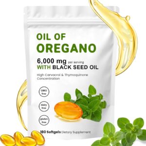 oil of oregano softgels 6000mg per serving, 2 in 1 formulated with black seed oil 200mg, 4x strength carvacrol & thymoquinone | plant based, non gmo & immune support（180 capsule）