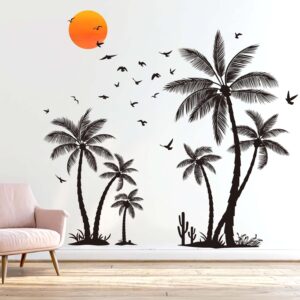 amimagen large black palm tree wall stickers tropical coconut tree birds wall decals bedroom living room sofa tv background home wall decor