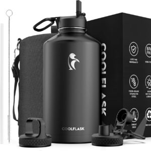 coolflask gallon 4 liters 3800ml water bottle insulated with straw&3 lids, 128 oz water jug large stainless steel metal vacuum wide mouth, bpa free keep cold 48h hot 24h, magic black