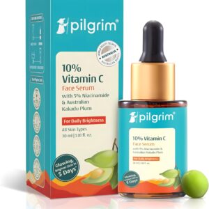 pilgrim 10% vitamin c face serum for daily brightness 30 ml | face serum for glowing skin | reduces dark spots & evens skin tone | fragrance free | for men and women | all skin types |