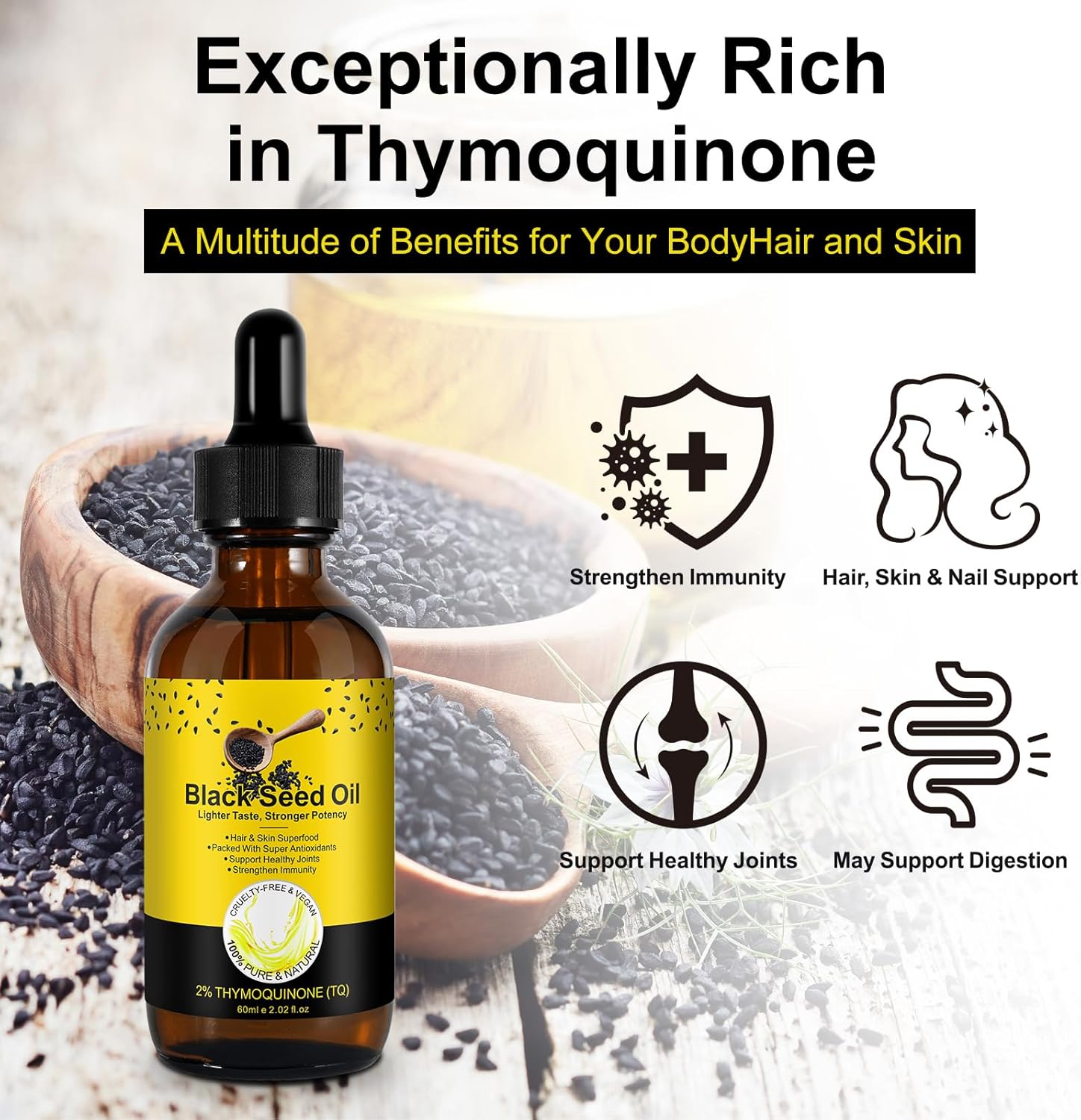 black seed oil, organic black seed oil cold pressed, pure and natural liquid promote hair growth, skin cares, nourishes and hydrates hair 2.02 fl oz black seed oil, organic black seed oil cold pressed, pure and natural liquid promote hair growth, skin cares, nourishes and hydrates hair 2.02 fl oz