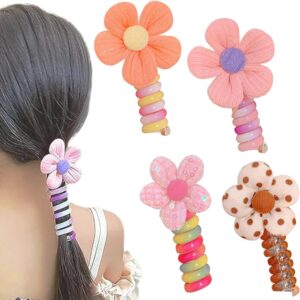 colorful telephone wire hair bands for kids,bowknot braided telephone wire hair bands,phone cord straight spiral hair tie,phone cord hair ties,waterproof and stylish hair coils for girls (4pcs)