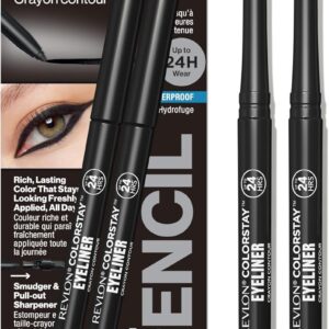 revlon pencil eyeliner, colorstay eye makeup with built in sharpener, waterproof, smudge proof, longwearing with ultra fine tip, 201 black, 2 pack