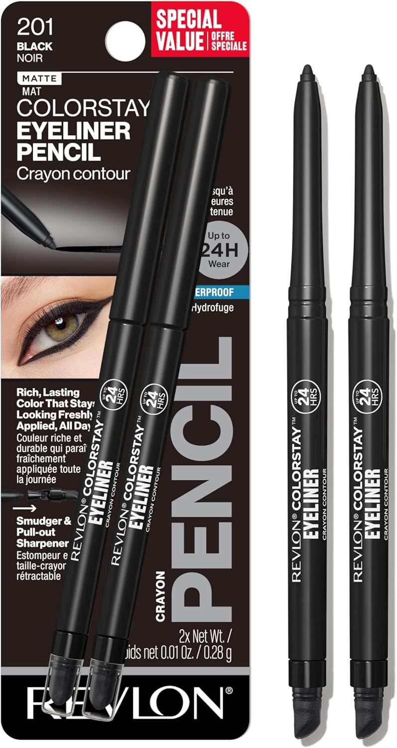 revlon pencil eyeliner, colorstay eye makeup with built in sharpener, waterproof, smudge proof, longwearing with ultra fine tip, 201 black, 2 pack revlon pencil eyeliner, colorstay eye makeup with built in sharpener, waterproof, smudge proof, longwearing with ultra fine tip, 201 black, 2 pack