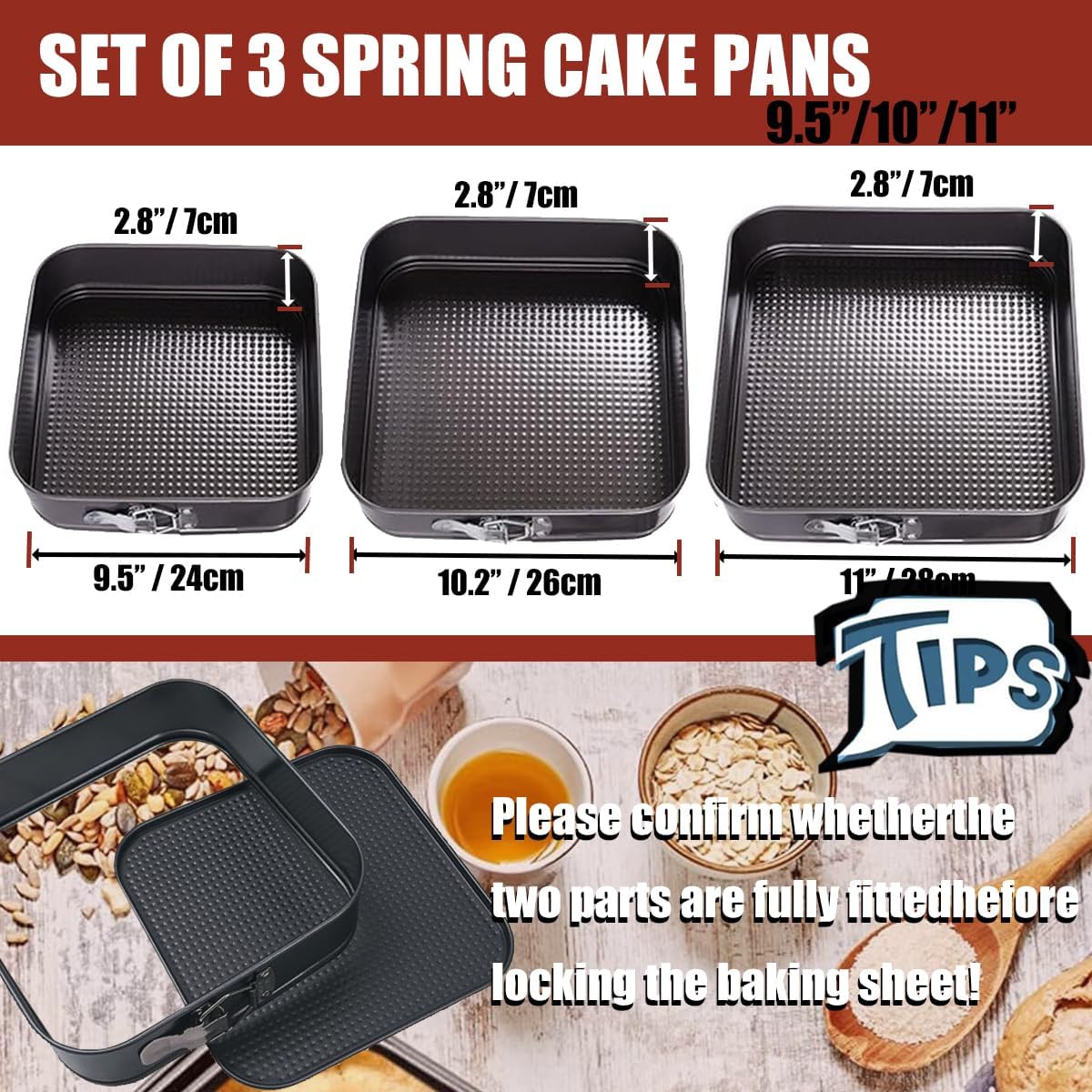 springform pan set, 9.5/10/11inch square cake pans, nonstick bakeware springform, leakproof cake pans with removable bottom for baking, cheesecake pan (square, 9.5/10/11 inch) springform pan set, 9.5/10/11inch square cake pans, nonstick bakeware springform, leakproof cake pans with removable bottom for baking, cheesecake pan (square, 9.5/10/11 inch)