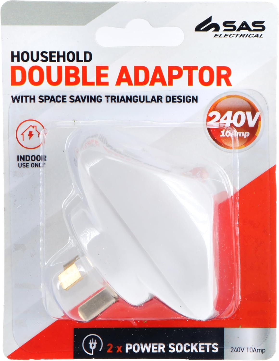 sas electrical 240v 10a 2400w triangular double adaptor, white sas electrical 240v 10a 2400w triangular double adaptor, white