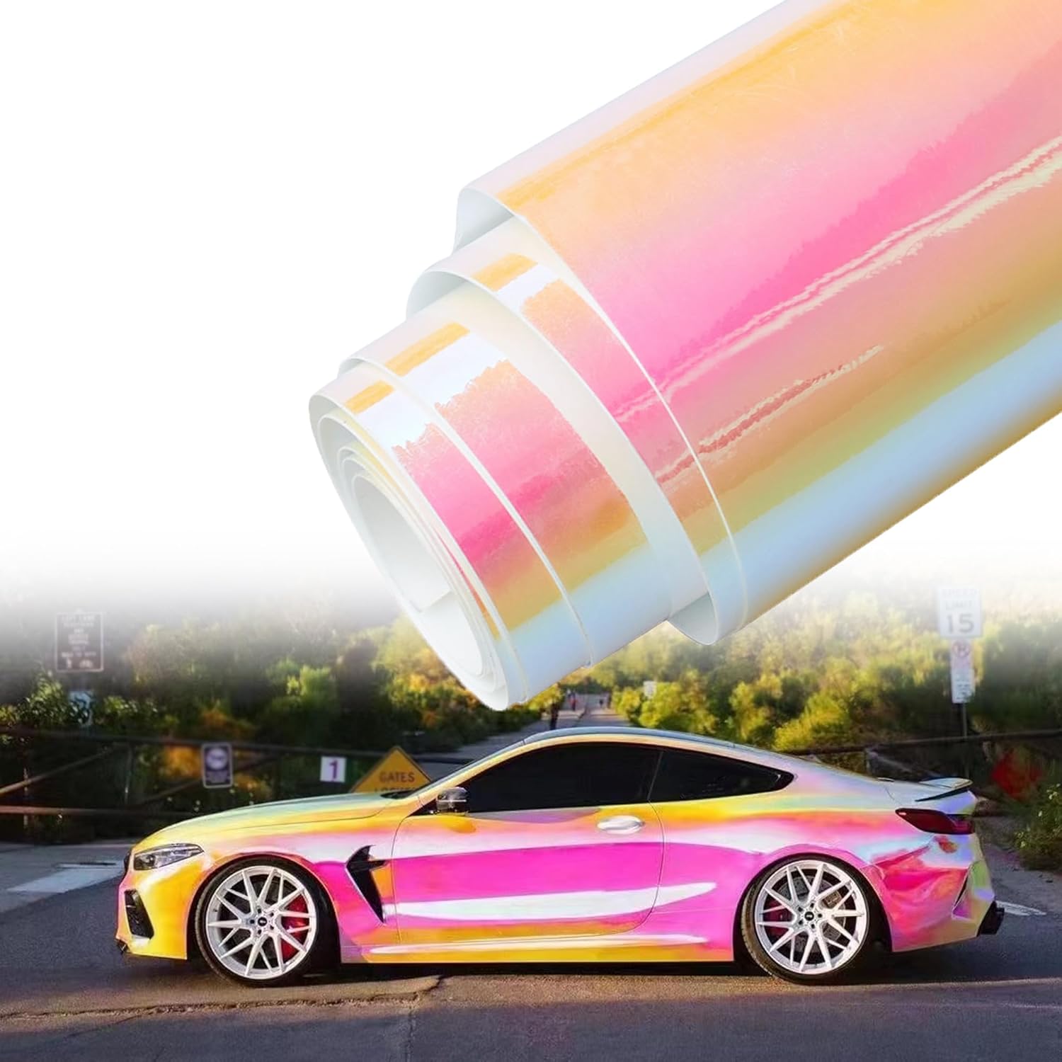 aumohall holographic rainbow pink car vinyl wrap chameleon color change high gloss self adhesive car vinyl film roll, 53.14'' x 19.68'' aumohall holographic rainbow pink car vinyl wrap chameleon color change high gloss self adhesive car vinyl film roll, 53.14'' x 19.68''