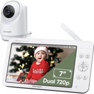 bonoch 7" 720p baby monitor with camera and night vision, video baby camera monitor no wifi with 6000mah battery, 2 way talk, temperature, hack proof, remote ptz, 8 lullabies