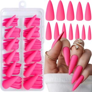 loveourhome 100pc stiletto press on nails long fake nails matte stiletto nails press ons nail hot pink artificial fingernails long pointy false nails full cover acrylic nail tips for women girls