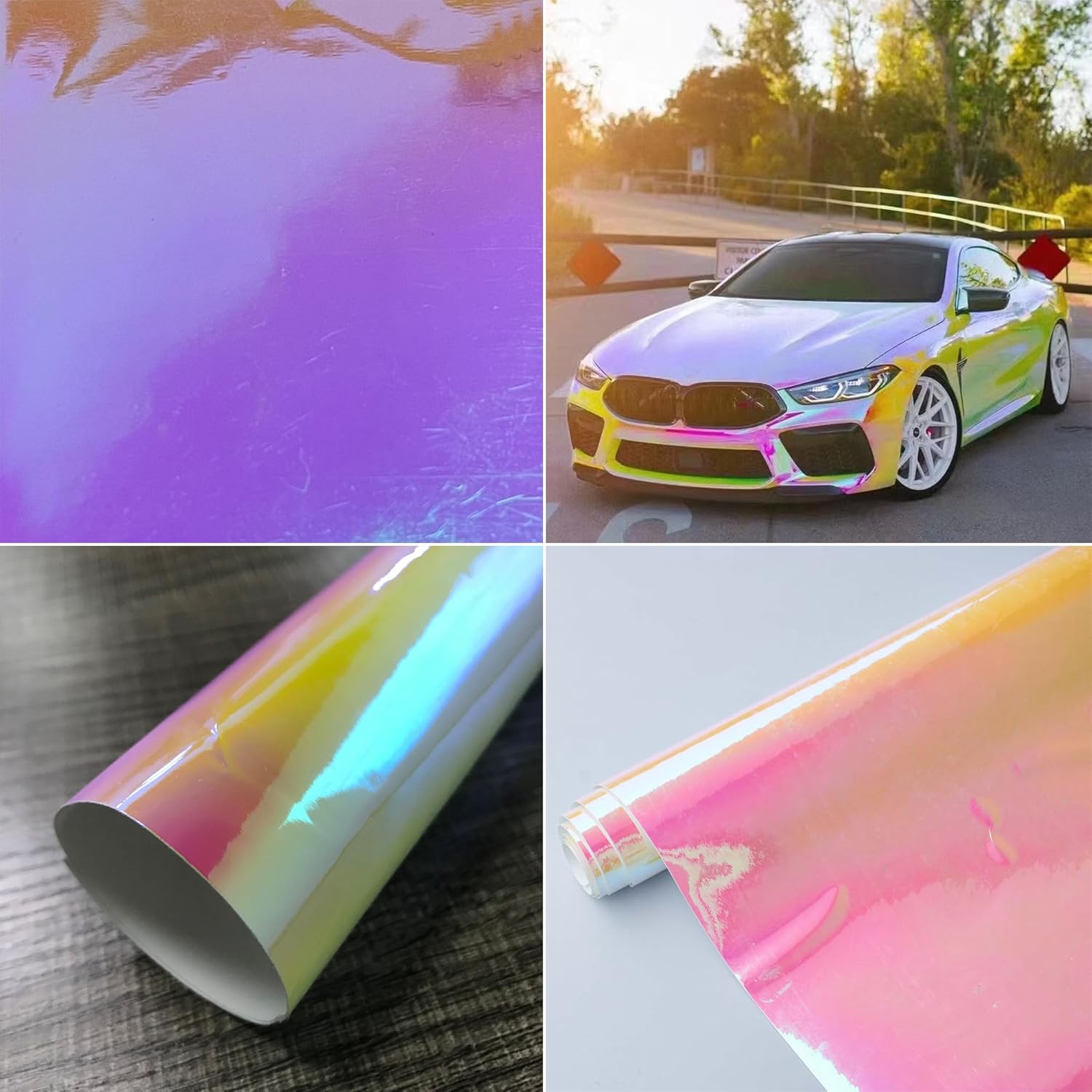 aumohall holographic rainbow pink car vinyl wrap chameleon color change high gloss self adhesive car vinyl film roll, 53.14'' x 19.68'' aumohall holographic rainbow pink car vinyl wrap chameleon color change high gloss self adhesive car vinyl film roll, 53.14'' x 19.68''