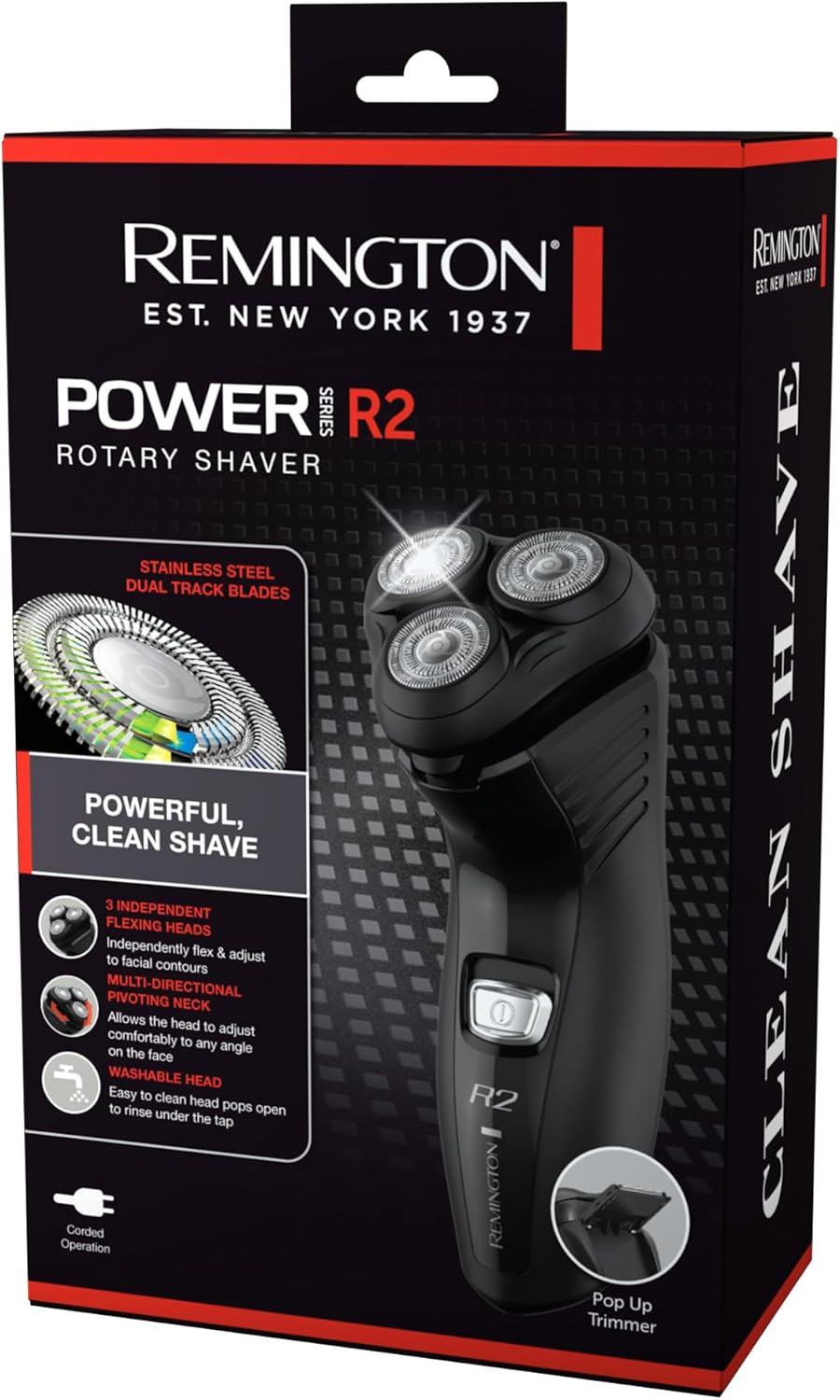 remington men's power series r2 rotary corded shaver, r2000au, ideal for sensitive skin, stainless steel dual track blades, 3 flexing shaving heads, black remington men's power series r2 rotary corded shaver, r2000au, ideal for sensitive skin, stainless steel dual track blades, 3 flexing shaving heads, black