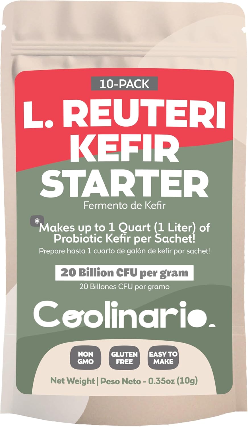 coolinario l reuteri kefir starter culture (10 pack, 1g sachets) live kefir cultures with lactobacillus reuteri probiotics | creamy & tangy | non gmo, no preservatives, gluten free, halal, kosher coolinario l reuteri kefir starter culture (10 pack, 1g sachets) live kefir cultures with lactobacillus reuteri probiotics | creamy & tangy | non gmo, no preservatives, gluten free, halal, kosher