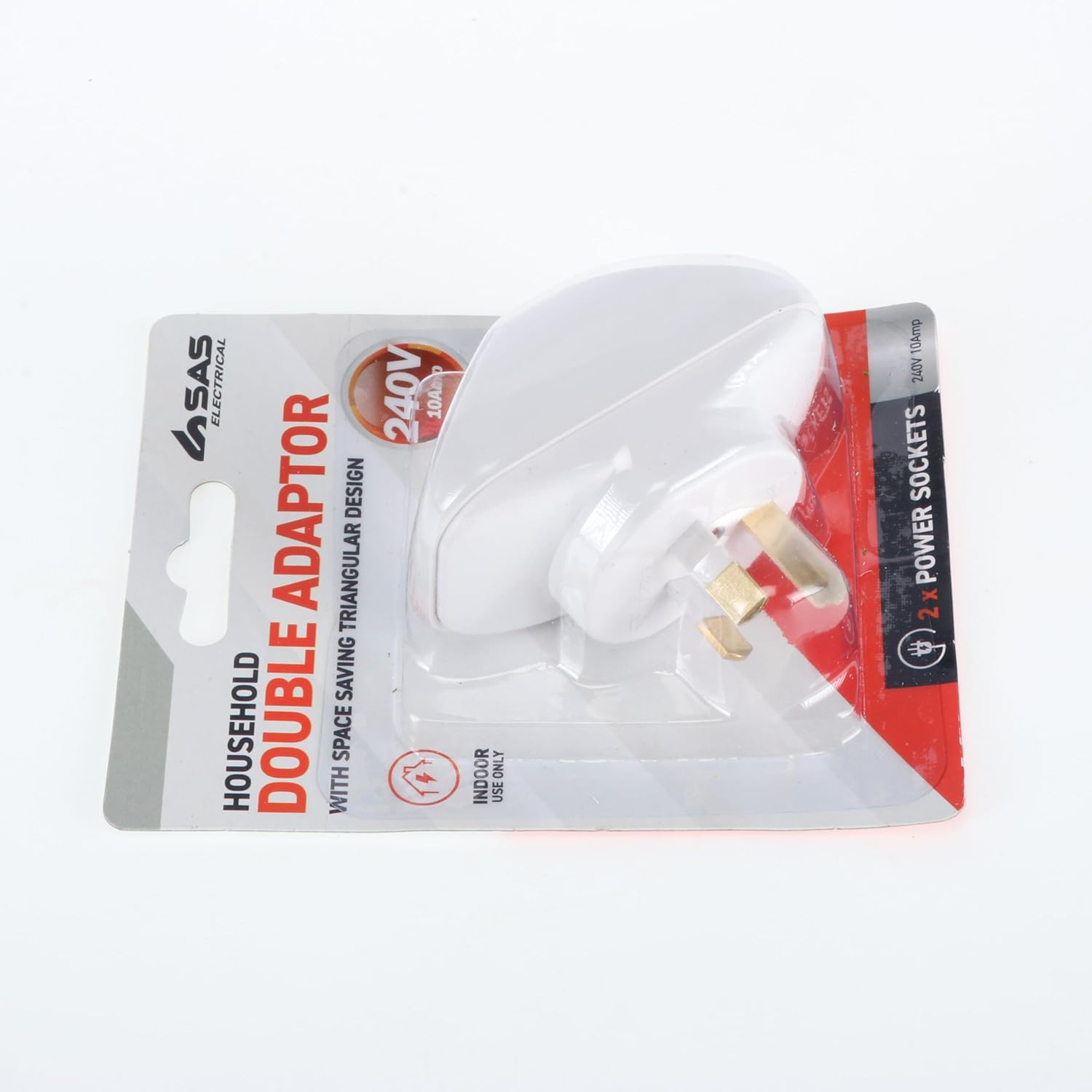 sas electrical 240v 10a 2400w triangular double adaptor, white sas electrical 240v 10a 2400w triangular double adaptor, white