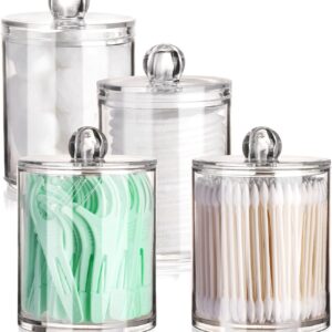 tbestmax 4 pack qtip holder restroom bathroom organizers with clear plastic apothecary jars for cotton swab, round pads, floss