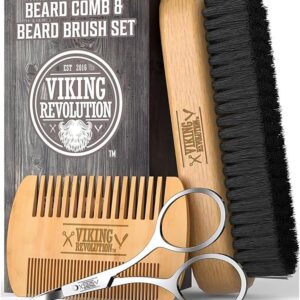 beard brush and comb set for men all natural boar bristle and bamboo brush and pear wood comb w/ cotton travel pouch and gift box by viking revolution great for grooming beards and moustache