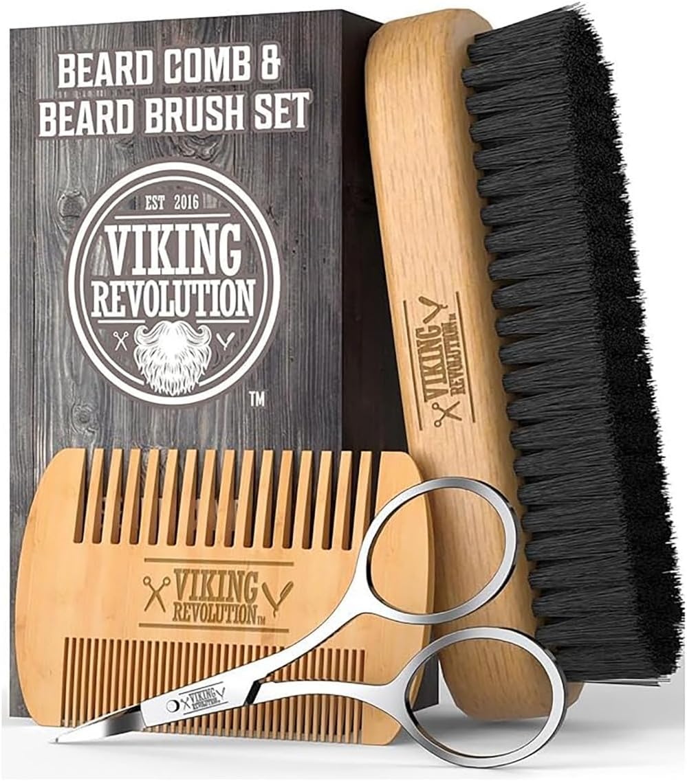 beard brush and comb set for men all natural boar bristle and bamboo brush and pear wood comb w/ cotton travel pouch and gift box by viking revolution great for grooming beards and moustache beard brush and comb set for men all natural boar bristle and bamboo brush and pear wood comb w/ cotton travel pouch and gift box by viking revolution great for grooming beards and moustache