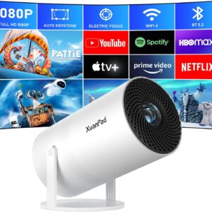 [netflix official & electric focus] 2025 upgraded xuanpad mini projector with wifi and bluetooth, full hd 1080p, auto keystone, 210° rotatable stand, smart portable projector for phone
