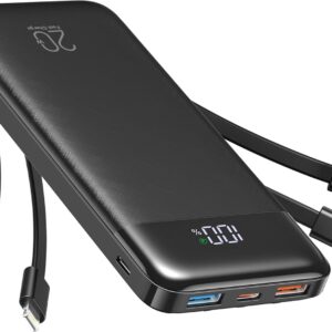 charmast 22.5w power bank, 20000mah built in 4 cables, slim usb c portable charger, led display battery pack with 5 output and 4 input,compatible with iphone, samsung, tablets and more(black)
