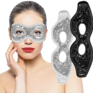 cooling gel eye mask, 2 pcs reusable gel eye pad & cool compress for puffy eye & dry eye, cold eye ice mask gel pack with plush backing for migraine, stress relief (black and gray with eye holes)