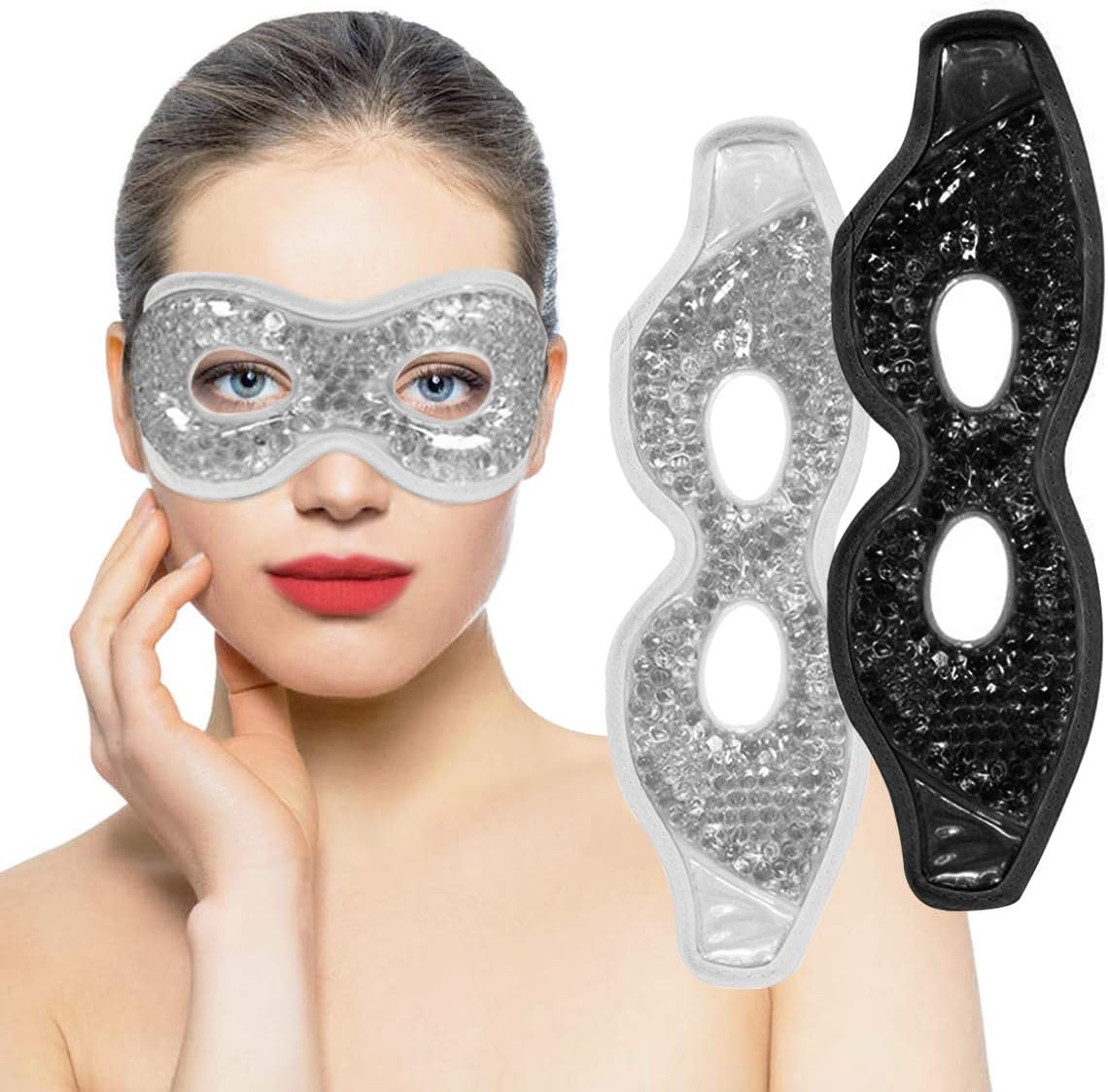 cooling gel eye mask, 2 pcs reusable gel eye pad & cool compress for puffy eye & dry eye, cold eye ice mask gel pack with plush backing for migraine, stress relief (black and gray with eye holes) cooling gel eye mask, 2 pcs reusable gel eye pad & cool compress for puffy eye & dry eye, cold eye ice mask gel pack with plush backing for migraine, stress relief (black and gray with eye holes)